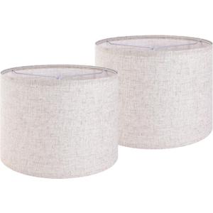 Set of 2 Drum Lampshades for Table, Floor & Bedside Lamps - 13 * 13 * 10 inch, Medium Beige Gray Shades - Natural Fabric Spider Fitter - Modern & Rustic Interiors - By GO&SO Assembly Required