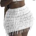 CALEBGAR Women 2 Piece Outfits Sexy Crochet Mini Dress Hollow Tassel Skirts Sets Summer Bandage Tube Tops (Large, White)