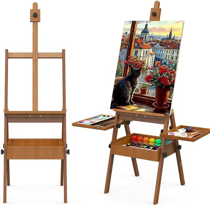 Professional Vintage Wood H-Frame Easel, with 2 Palette and Storage Box, 36"