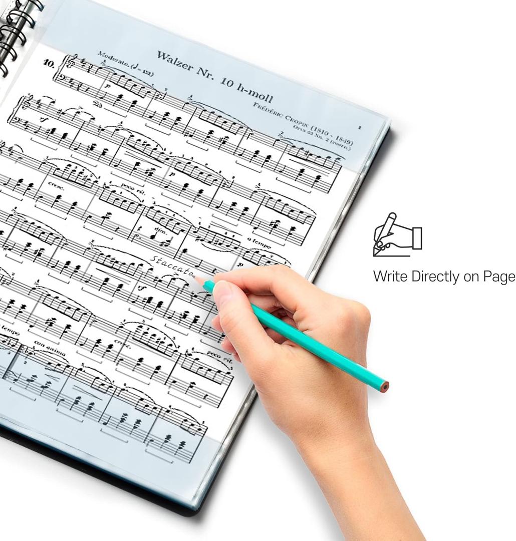 MECCALINE Sheet Music Folder (1 Pack, White) – 40 Sleeves Display 80 Pages Spiral Binder Organizer for Music Stand – Fits Letter Size 8.5 x 11 Inch – Direct Page Writing with Detachable Name Tag