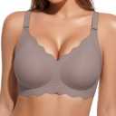 PQK Bras No Underwire for Women Comfortable Wireless Seamless T Shirt Bras Wavy Edge Full Coverage Push Up Bra (Size S Coffee) (S)