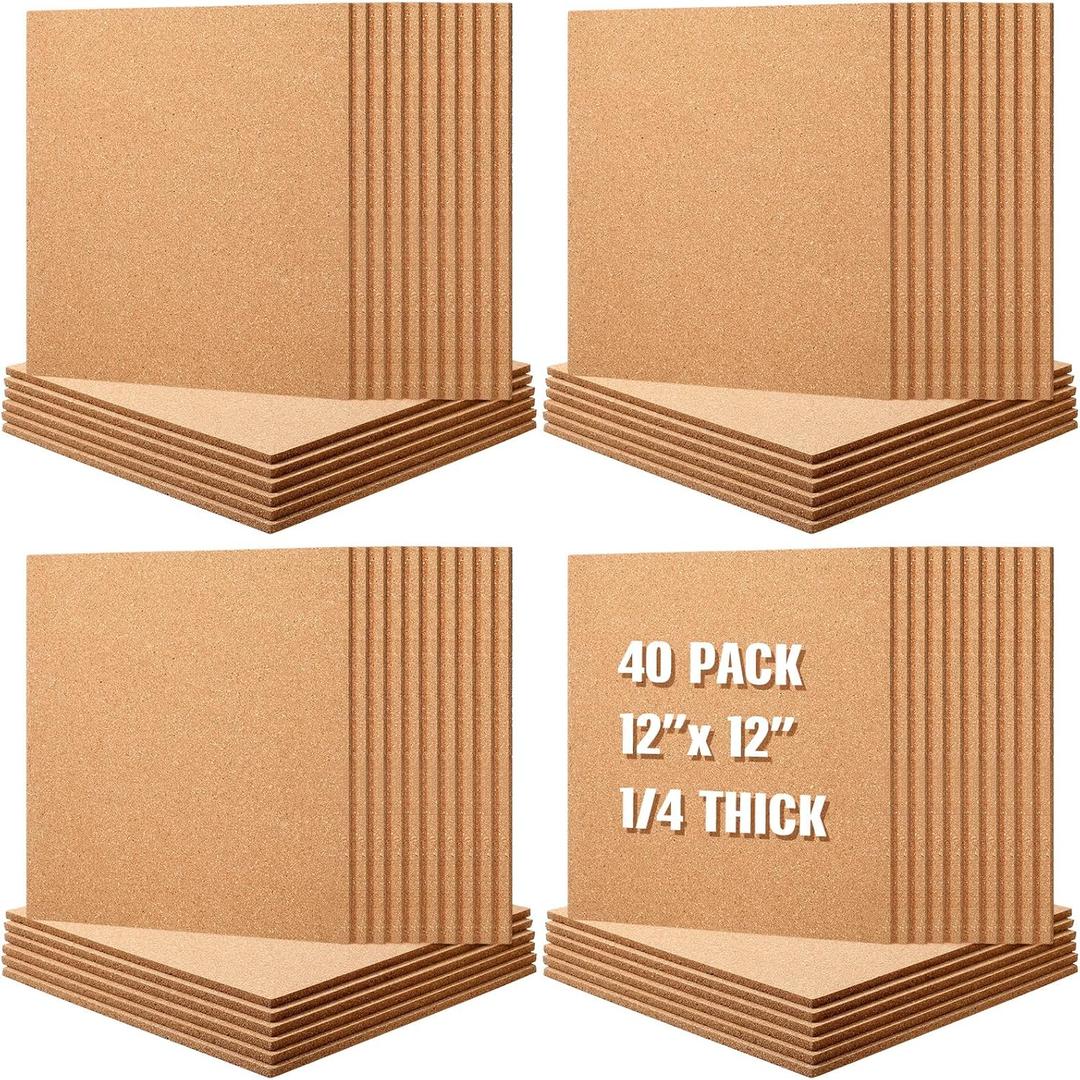 Kosiz 40 Pack Cork Board Square 12" x 12", 1/4" Thick Cork Board Tiles Bulk for Wall Self Adhesive Bulletin Corkboards Tiles Sheet for Wall School Office Home Decoration