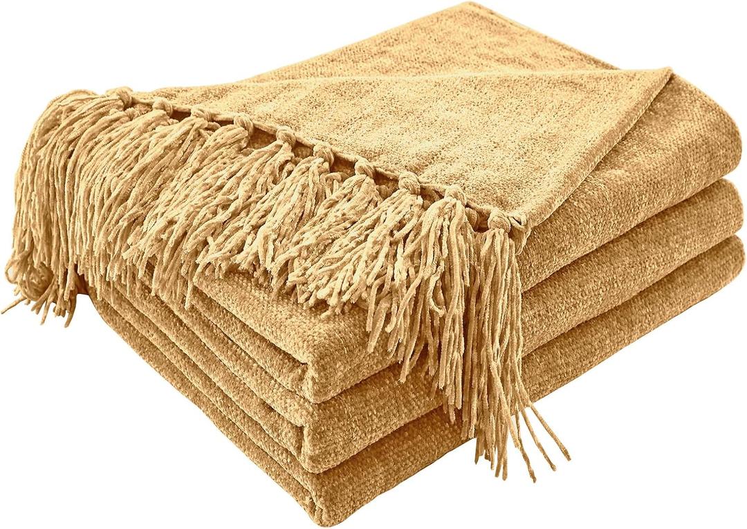 CozeCube Chenille Throw Blanket for Couch, Cozy Plush Fuzzy Decorative Light Brown Blanket with Fringe Tassels, Lightweight Throws for Bed Sofa Gift Home Decor, 50"X60"
