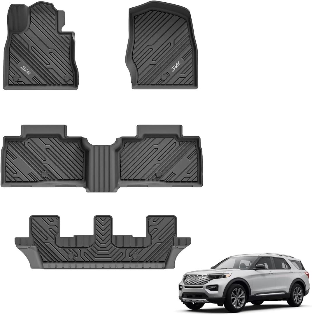 3W Floor Mats Custom Fit for 2020-2023 2024 2025 Ford Explorer 7 Passenger, All Weather TPE Full Set Car Accessories Floor Liner Including 3 Rows Car Mats (Includes Explorer Hybrid)