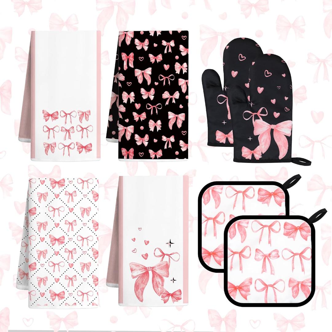 8 Pcs Cute Pink Bow Kitchen Towels and Dishcloths Sets Oven Mitts Pot Holders Set Mother's Day Absorbent Decor Accessories Gloves Potholders Heat Resistant for Chef Baking Cooking Home Gifts