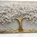 Large Tree of Life Canvas Wall Art Gold and White Flower Big Tree Painting Picture Wall Decor Botanical Floral Poster Print Artwork for Living Room Dining Bedroom, 48"L x 24"W