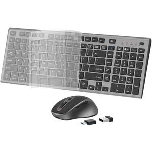 FENIFOX Wireless Keyboard and Mouse, Rechargeable USB C Combo Silent Quiet Compact Full Size Flat with Number Pad Soft Cover for Mac MacBook iMac Windows PC Laptop Computer Office - Black & Grey