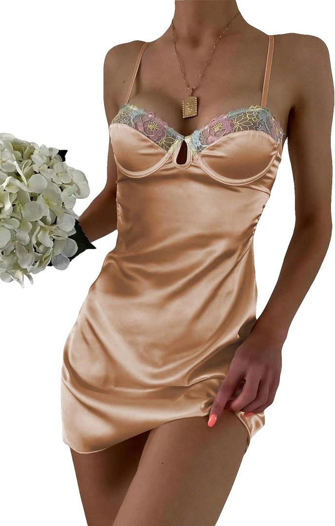 Women's Satin Sleepwear Casual Dress Babydoll Teddy Lingerie Dress (Large, Khaki)
