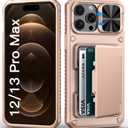for iPhone 12 Pro Max & 13 Pro Max Case Wallet with Card Holder (4-5 Cards), Military Grade Drop, Slide Camera Cover, Shockproof Heavy Duty Men Women Phone Case for iPhone 12 Pro Max, Rose Gold