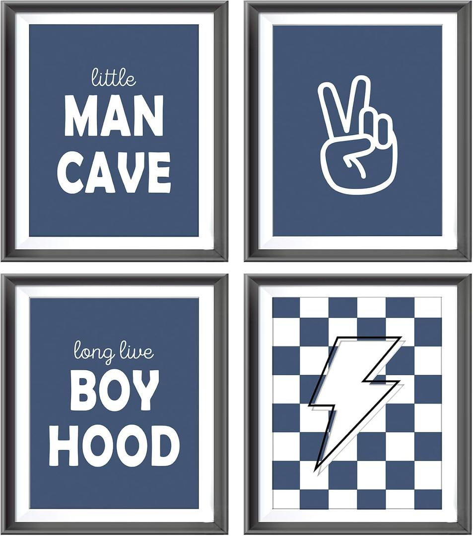 Little Man Cave Retro Preppy Checkered Lightning Peace Sign Long Live Boyhood Poster Prints for Boy Teen Room Dorm Decor,Preppy Decorations Prints Wall Art Unframed 4pcs 8x10inches,Teen Boys Gifts (dark blue)