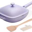 10.5 Inch(3.8QT) Ceramic Pan with Lid,Non Stick Frying Pans Cast Aluminum Deep Saut Pans,Ti-Ceramic Non Toxic Pix Pan with Wooden Spatula and Scrubber-Dusk Petal