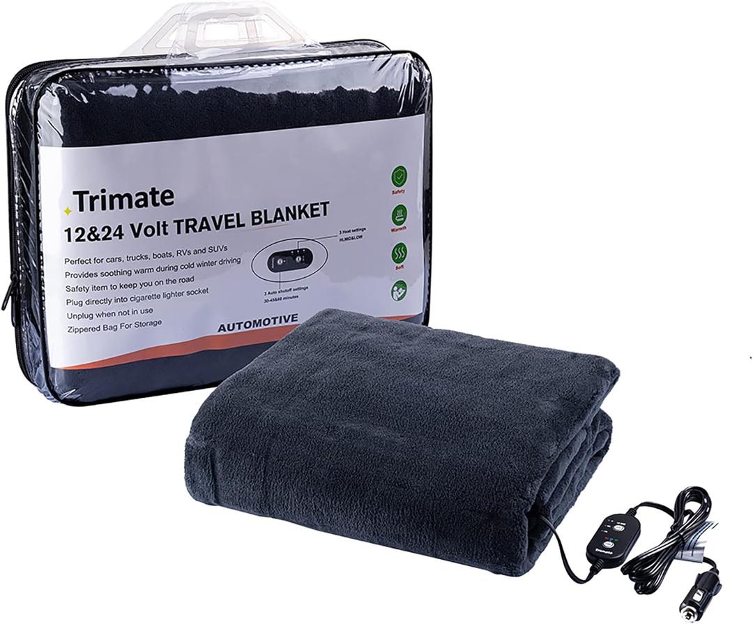 Electric Car Heating Blanket Plush 3 Heat Settings, Auto Shutoff, Washable, 55 X 40, Plugs into Cars 12v and Trucs 24v Outlet, Great for Cold Weather, Tailgating, Emergency Kits, Charcoal