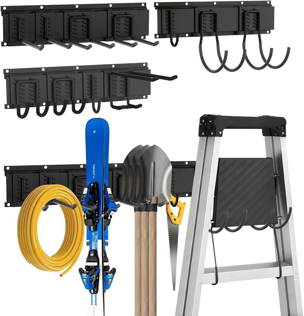 Garage Tool Organizer Wall Mount, Easy to 64inch Install Heavy-Duty Garage Storage System with 11 Adjustable Hooks, Garden Tool Rack for Shovels, Rakes, Yard Tools