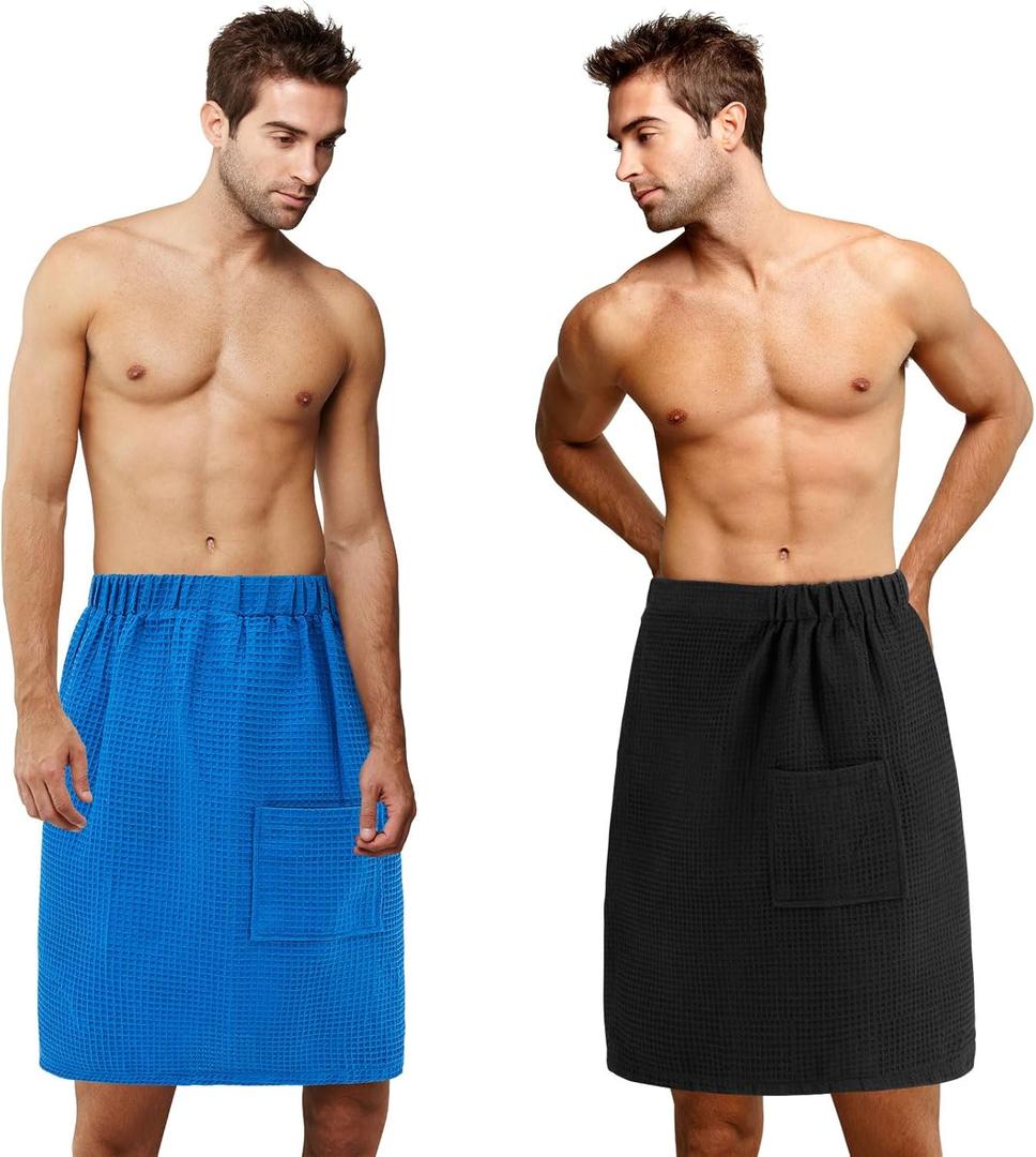Newwiee 2 Pcs Men's Bath Towel Wrap Shower Sauna Wrap 59 x 24 Inches Waffle Adjustable Microfiber Quick Absorbent Spa Body Towel for Men Dorm Room Gym, Gift for Birthday Christmas(Blue, Black)