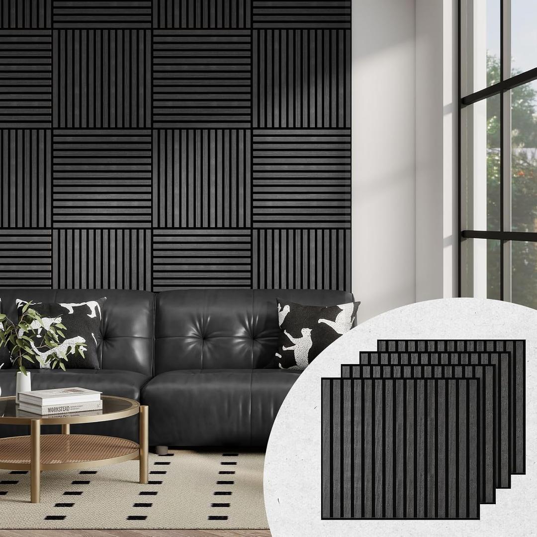 Upick Acoustic Wood Wall Panels - 4 Pack 24"x24" Sound-Absorbing Slat Wood Panels, MDF Panels for Home, Studio, Office (Matte Black)