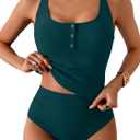 B2prity Women's Athletic Tankini Swimsuits Two Piece Adjustable Button-Up Bathing Suit Full Coverage High Waisted Swimwear (Large, Peacock Green)
