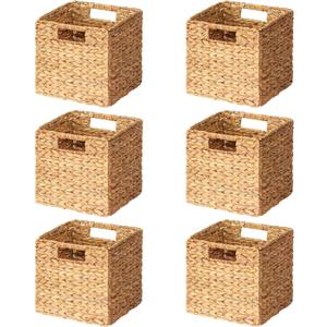 SpaceAid 6 Pack Wicker Basket, Storage Baskets for Organizing, Woven Rattan Basket with Handles for Shelves, Water Hyacinth Large Cube Organizer Storage Bin, 10.5x10.5x10.5 inch, Natural