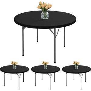 Round Fitted Tablecloth with Elastic - 4 Pack Round Table Covers 60 Inch, Black Non-Slip Circle Table Protector for Outdoor Picnic, Indoor Dining, Party, Banquet, Black, 60 Round, 4 Pac