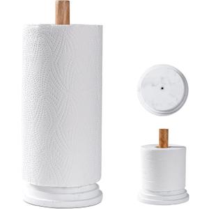 Marble White Standing Paper Towel Holder for Kitchen Countertop,Toliet Paper Roll Holder for Bathroom with Weighted Resin Base and Sturdy Wood Stand,for Standard or Plus Rolls, Height-Adjustable