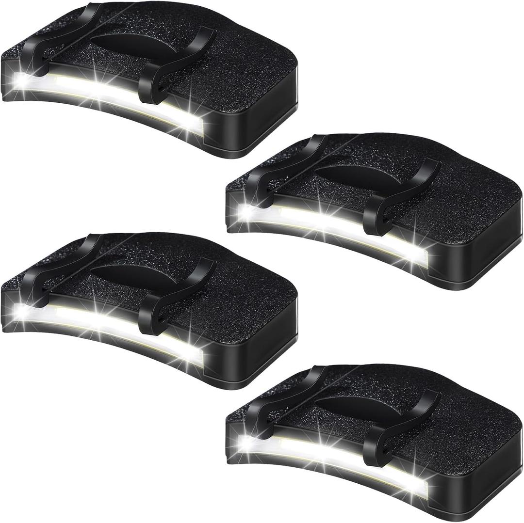 Mudder 4 Pcs Hat Light Clip Cob Cap Lights Clip on Hat Headlamp Battery Powered Cap Brim Lamp Black Waterproof Ultra Bright Headgear Flashlight for Hunting Camping Fishing Hiking