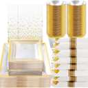Goodluck 352 Pieces Clear Gold Dinnerware Set for 50 Guests, Clear Square Plastic Plates with Gold Trim, Include: 100 Gold Plastic Plates, 50 Rolled Napkins, 50 Cups, 50 Cutlery Set and 2 Tablecloth