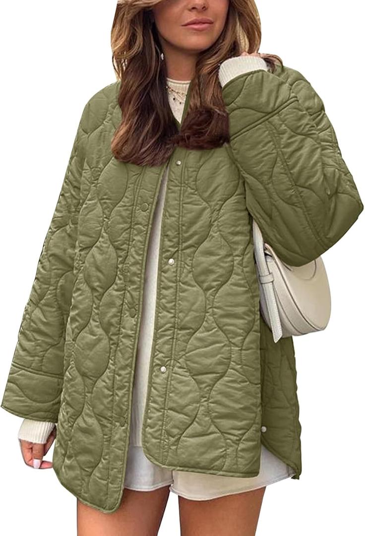 Flygo Women's Oversized Quilted Lightweight Jacket Button Down Puffer Padded Outerwear with Pocket (Medium, Green)