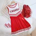 Women's Cheerleader Costume Outfit Cheer Dress with Pom Poms & Retro Striped Socks for Halloween Sports Events Theme Parties (White, XS)