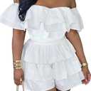 Geulis Womens Boho off Shoulder Rompers Summer Ruffle Dresses Short Sleeve Tiered Short Jumpsuits (Large, 1-white)