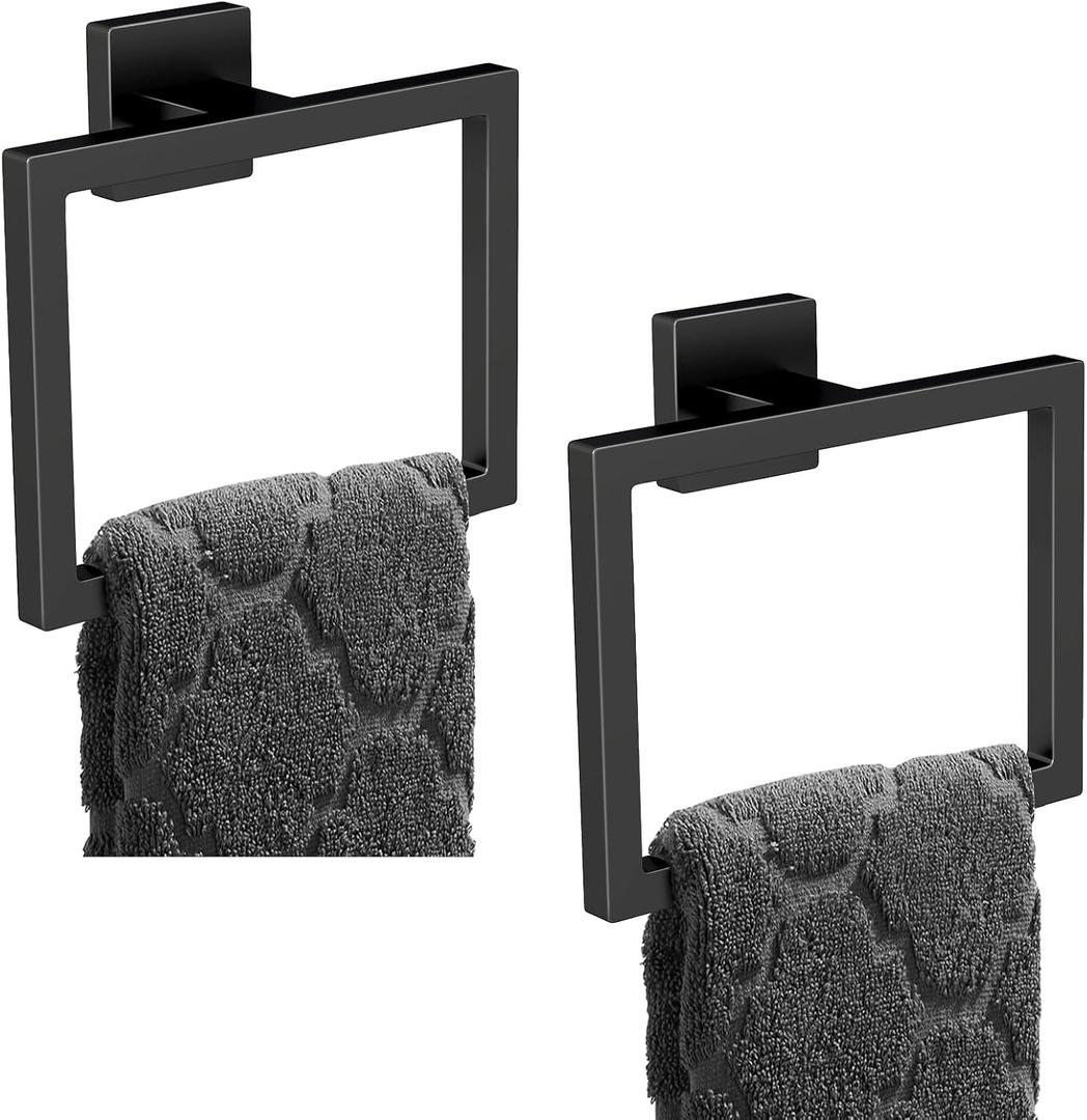 2 Pack Matte Black Hand Towel Holder, Stainless Steel Wall Mounted Hand Towel Holder for Bathroom, Modern Square Towel Ring for Bath, Kitchen, RV