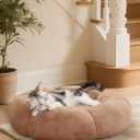 OhGeni 20 inches Calming Donut Dog & Cat Bed for Small Pets, Warming Comfort Fluffy Short Pile Fur, Durable Machine Washable, Cute Round Bed for Puppy and Kitten, Camel