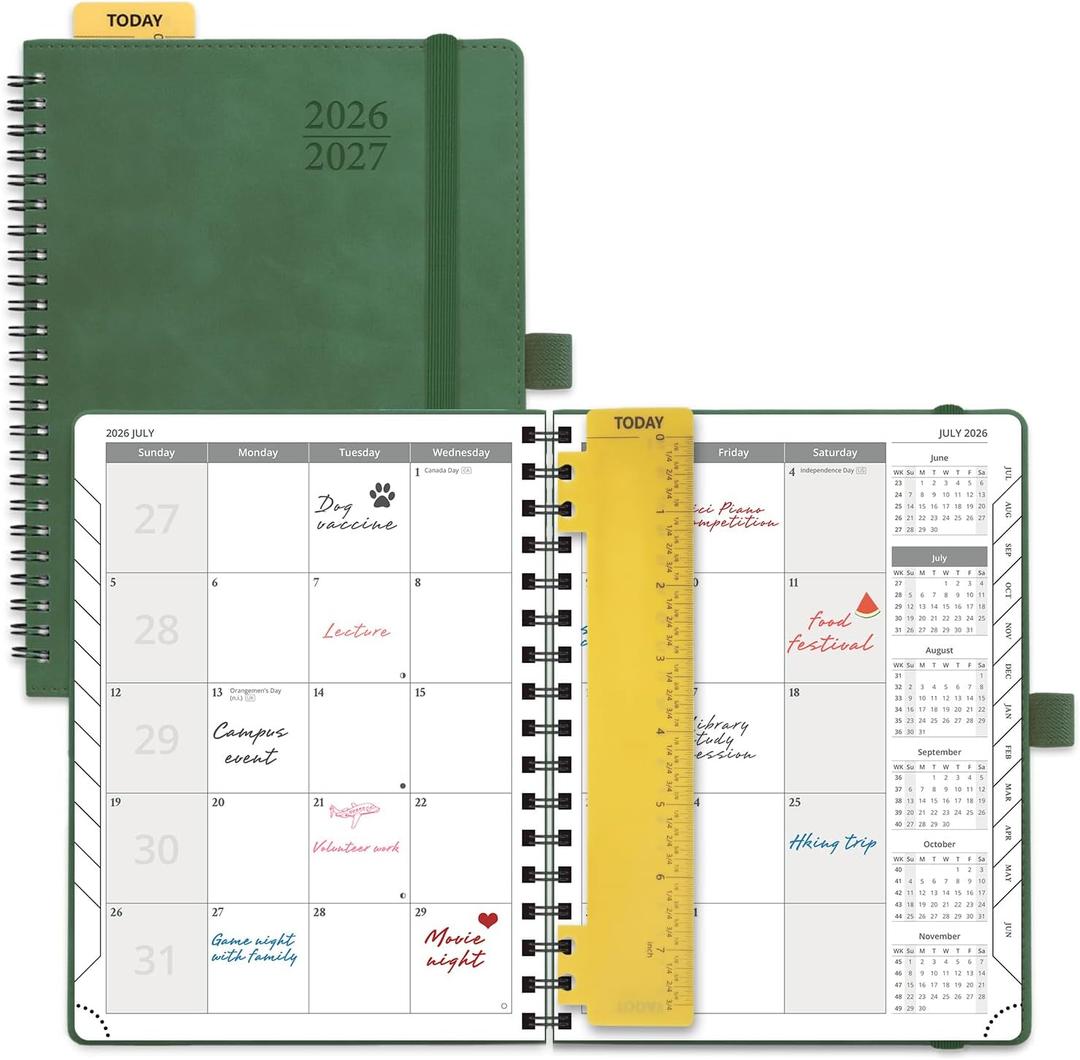 POPRUN Monthly Planner 2026-2027 (Medium 6.5" x 8.5") 18 Months Calendar (Jan 2026 - Jun 2027) - 4 Pages per Month with Expense & Notes, Stair-like tabs, Leather Cover, Sunday Starts 