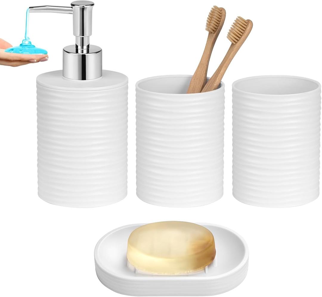Plastic Bathroom Accessories Set 4Pcs, White Bathroom Accessory Set Includes Liquid Soap Dispenser with Rust-Proof Plastic Pump, 2Pcs Bathroom Cup, Soap Dish for Modern Home Apartment