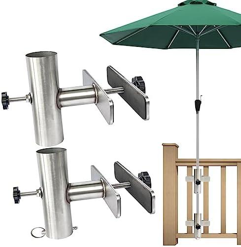 Su ying Patio Umbrella Holder Stand, Outdoor Deck Umbrella Mount,1.75'' Diameter in Stainless Steel Umbrella Clamp Outdoor Umbrella Base and Stand Metal Clamp for Fixed Deck Railing and Poles (2)