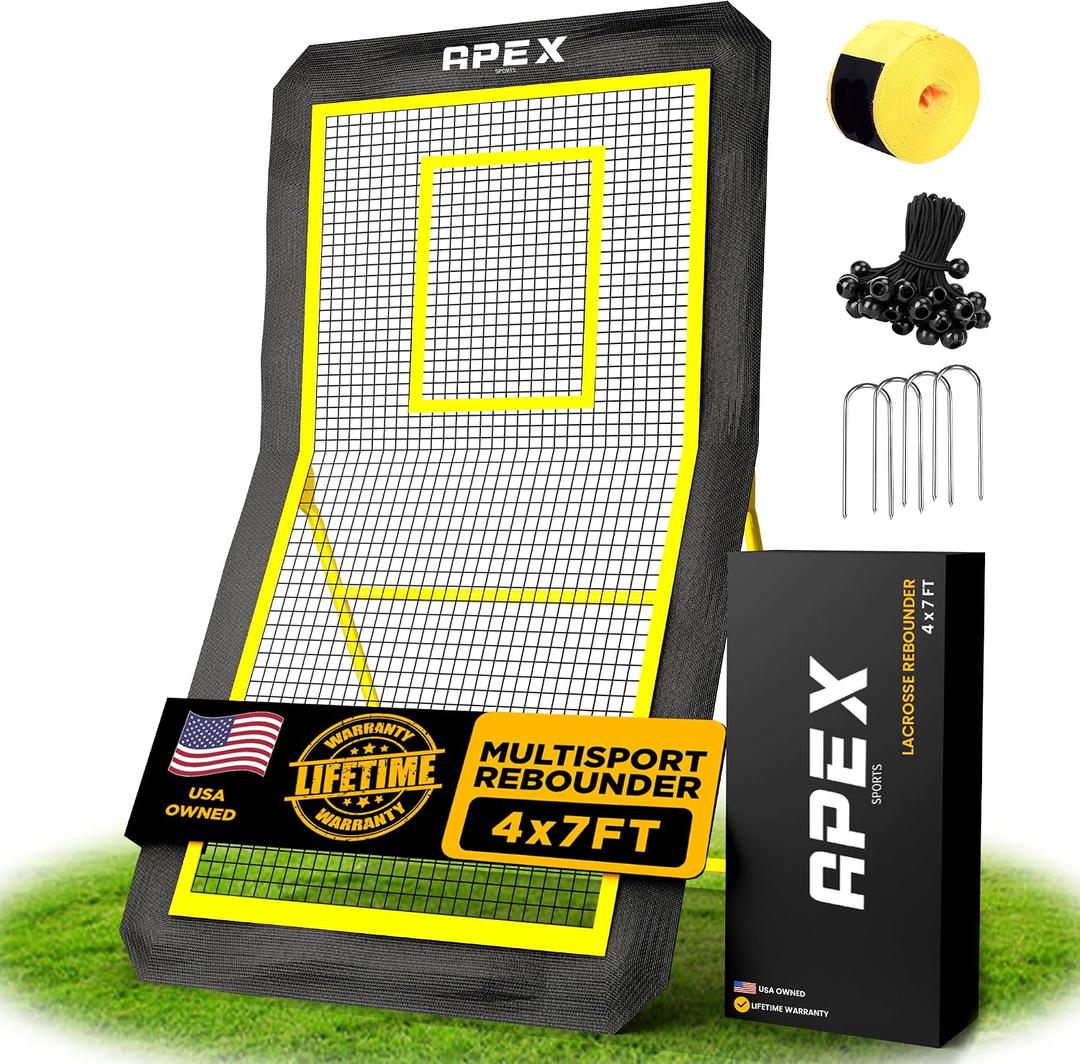 Apex Sports Professional Lacrosse Rebounder Volleyball Rebounder (4x7 Feet) - Adjustable 5 Angles, Soccer and Baseball Rebounder Practice Net with Precision Target Strip, Sturdy Frame