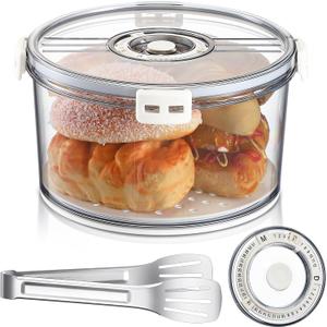 Baderke 8.86 Inches Airtight Bread Box with Stainless Steel Bread Tong Bun Storage Container Round Time Recording Pastry Keeper with Lid for Homemade Loaf Bagel Cookies Toast and Cupcakes