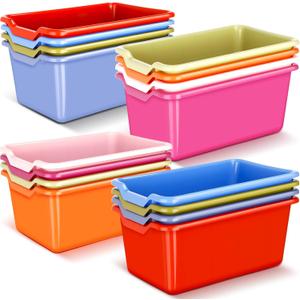 Dandat 16 Pcs Plastic Book Bins for Classroom Library Cubby Bins Scoop Front Stackable Toy Storage Tubs Containers for School Office Home Nursery Playroom Organization(Vintage Color)