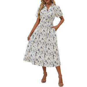 FENSACE Summer Dresses for Women Collared V Neck Puff Short Sleeve Floral Flowy Midi Dress with Pockets XL