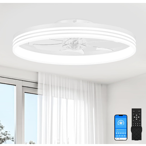 VOLISUN Low Profile Ceiling Fans with Lights and Remote, 23.6in Flush Mount Ceiling Fan with Light, 3000K-6501K Dimmable Fandelier LED Fan Light, White Bladeless Ceiling Fans with Lights for Bedroom