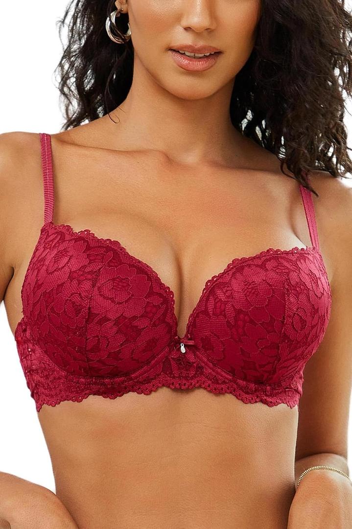 Push Up Bras for Women Add 2 Cups Sexy Lace Cleavage Extra Padded Plunge Bra Underwire (34C, Red)