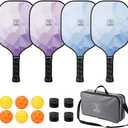 Pickleball Paddles Set of 4, USAPA Approved Pickleball Set, Fiberglass Pickle Ball Rackets, 3 Outdoor Pickleball, 3 Indoor Pickleball Balls, 4 Pickleball Overgrip, 1 Pickleball Bag for Women and Men (Blue Purple)