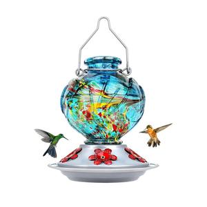 BOLITE Hummingbird Feeder, Hand Blown Glass Hummingbird Feeders for Outdoors Hanging, with Ant Moat and 5 Feeding Ports, 22 Ounces, Peony Flower Shape, Blue, Gifts for Women Men, Gifts for Mom Dad