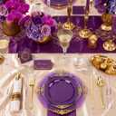 Nervure 350PCS Purple Plastic Plates - Disposable Purple Gold Party Plates & Pre Rolled Napkins with Cutlery for 50 Guests, 100Plates, 150 Silverware, 50 Cups, 50 Napkin for Wedding & Party & Bridal