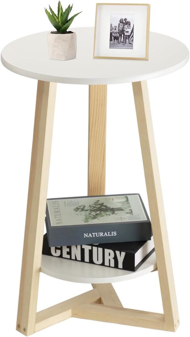 Hadulcet Round Side Table, Two-Tier White Side Table for Living Room, Bedroom, Balcony, Office & Small Spaces, Small End Table with Storage Shelf, Easy Assembly
