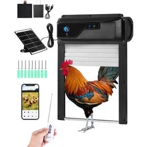 Automatic Chicken Coop Door with HD Camera, Solar Powered, 5000mAh Battery, WiFi Enabled, APP-Based Monitoring, Remote Control and Timer, with Anti-Trap Sensor and Alarm Drive(Black) (9.4"L x 3.0"W x 13.6"H)