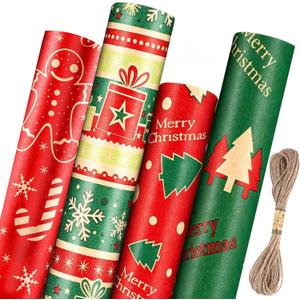 Panigkids Christmas Wrapping Paper Jumbo Rolls, Large Xmas Wrap Paper for Kids Adults, Gift Wrapping Paper Christmas 4 Rolls (17in x 16ft) with Green & Red Christmas Tree