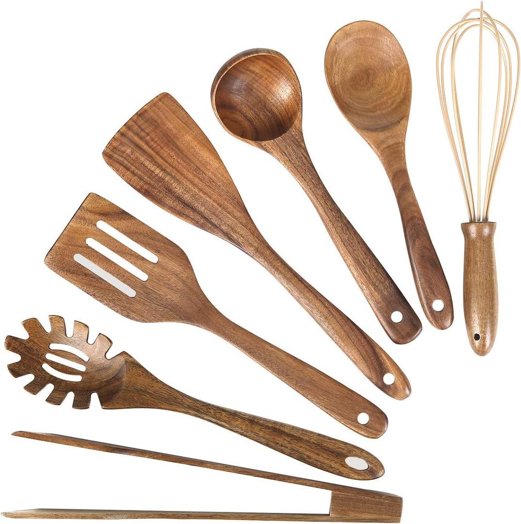 Wooden Utensil for Cooking, Wood Kitchen Utensils Cooking Set Teak Wood Spoons set for Cooking,Spatulas Non-Stick for Cookware Kitchen Spoon (7)