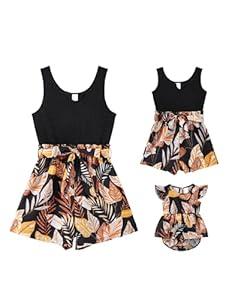 PATPAT Mommy and Me Matching Rompers Black Leaf Print Suspender Sleeveless Crewneck Matching Jumpsuits For Women S