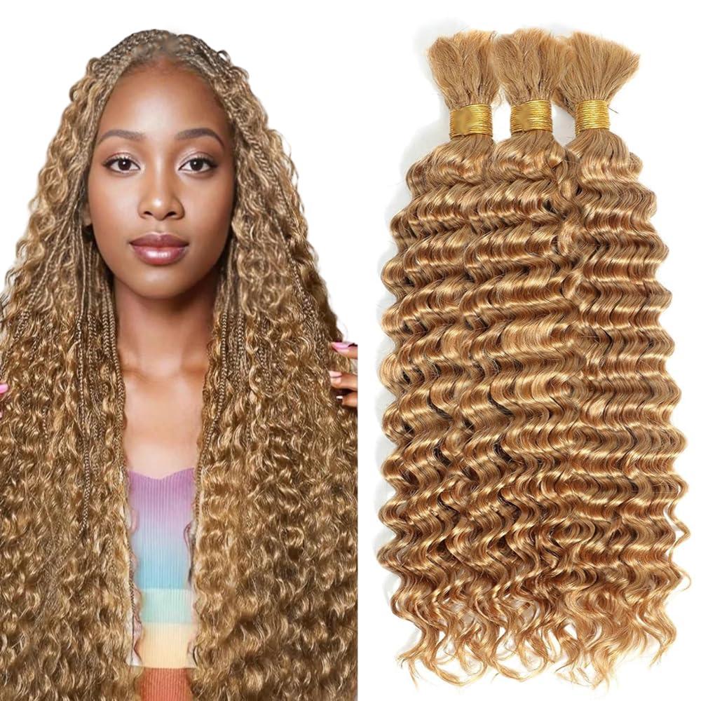 #27 Blonde Human Braiding Hair Deep Wave Bulk 22 22 22 Inch Honey Blonde Deep Wave Braids Human Hair Extensions Unprocessed Virgin Remy Hair 3 Bundle 50 Gram Per Bundle