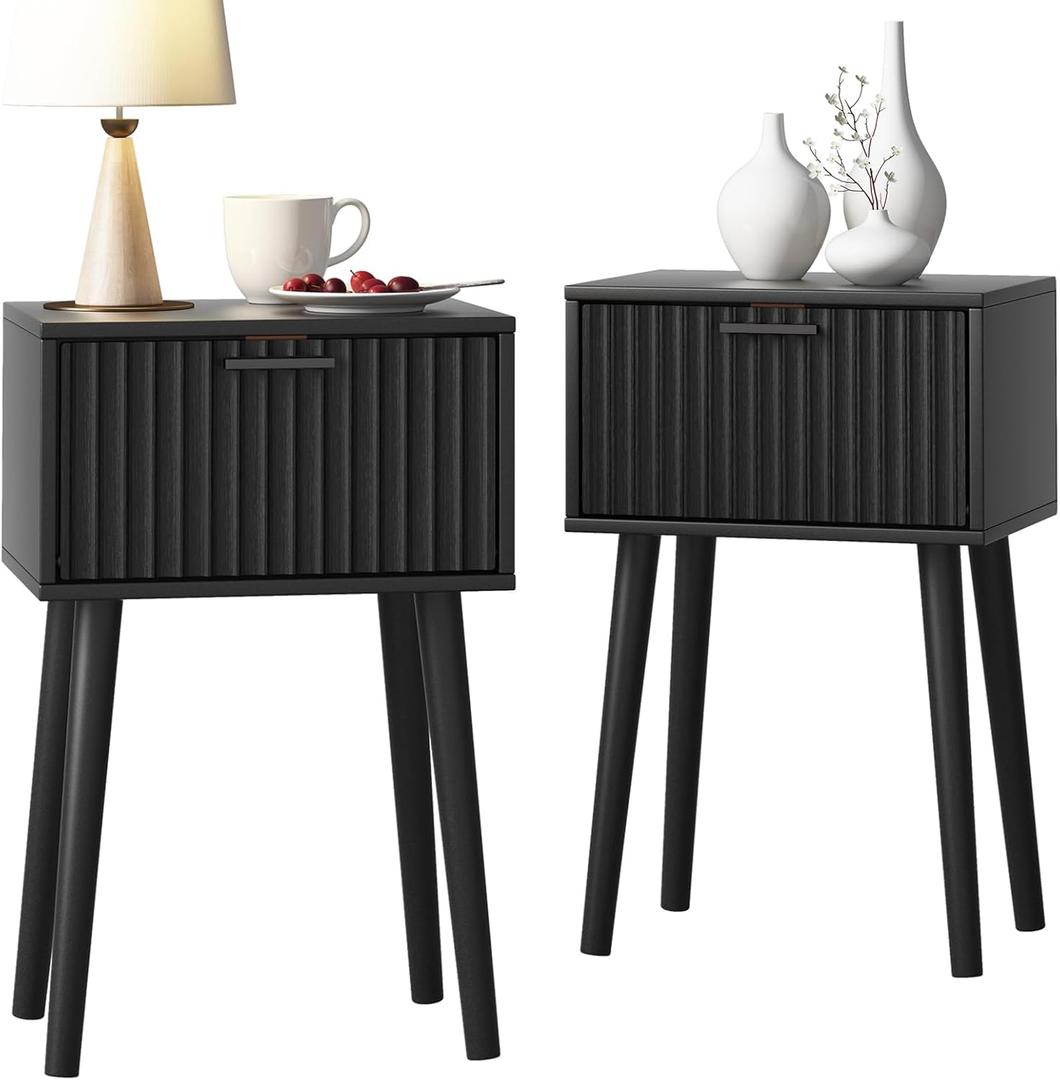 LAATOOREE Nightstands Set of 2, Small Side Table, Bedside Table with Fluted Door, Solid Wood Feet; Modern Mid-Century End Table for Bedroom, Small Space (Black)