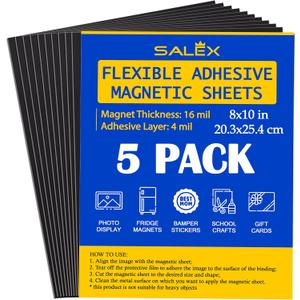 5 x Magnetic Sheets with Adhesive Backing 8" x 10" for Crafts, DIY. 5 Strong Craft Magnets to Make Flexible Magnet Self Sticky Tapes, Strips, Squares, Sheet for School Classroom Board, Fridge, Photos